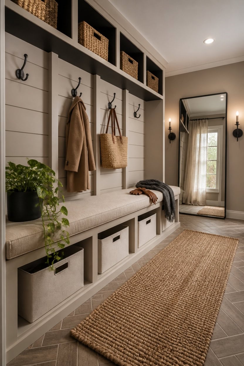 Entryway with hooks, storage bench, and mirror.