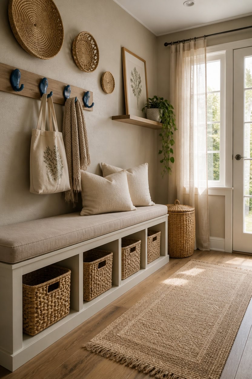 Entryway with storage bench, woven baskets, wall hooks, and natural decor.