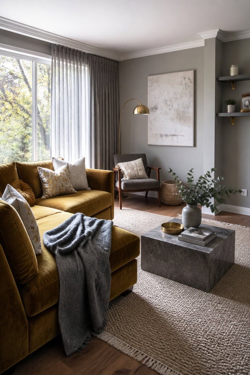 grey walls gold accents