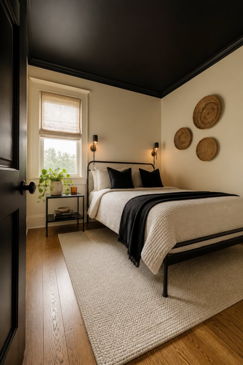 Bright bedroom with a large window, minimalist decor, and stylish wall accents, perfect for a comfor.