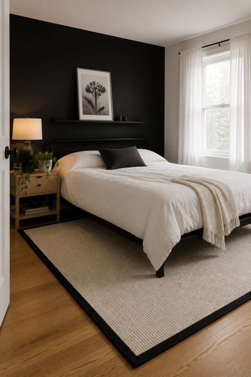 Cozy bedroom featuring a black accent wall, large window with white curtains, and a comfortable bed.