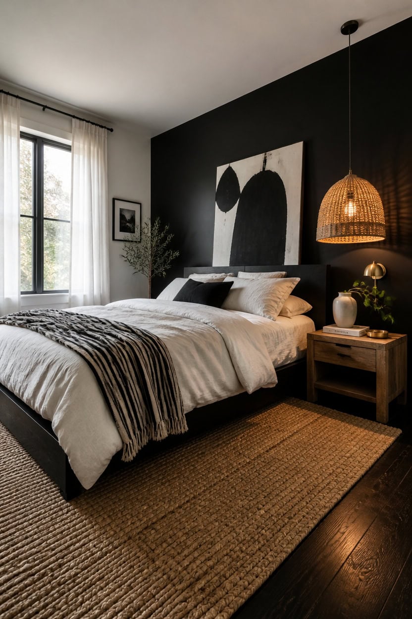 Modern bedroom featuring a black accent wall, large window, and stylish decor.