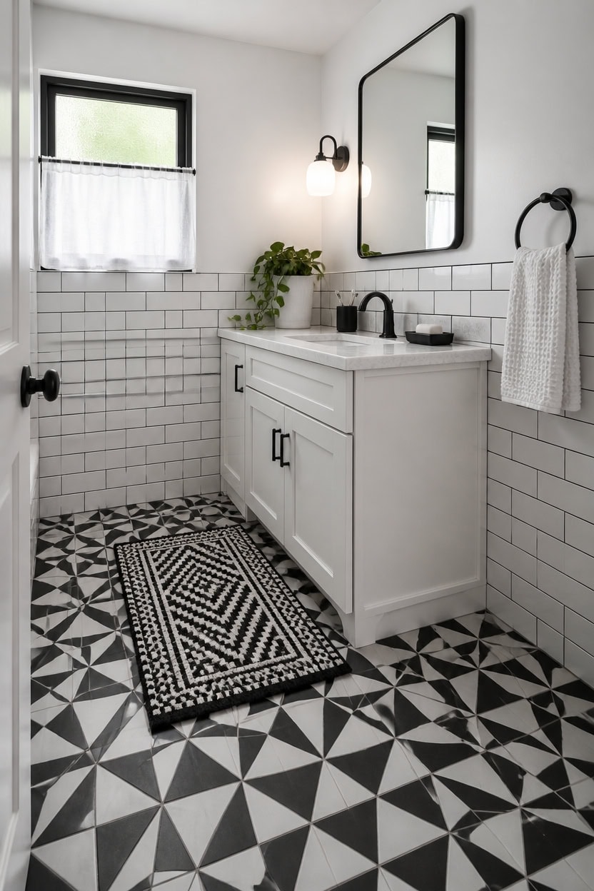 Bright bathroom featuring a white vanity, black fixtures, and patterned floor tiles.