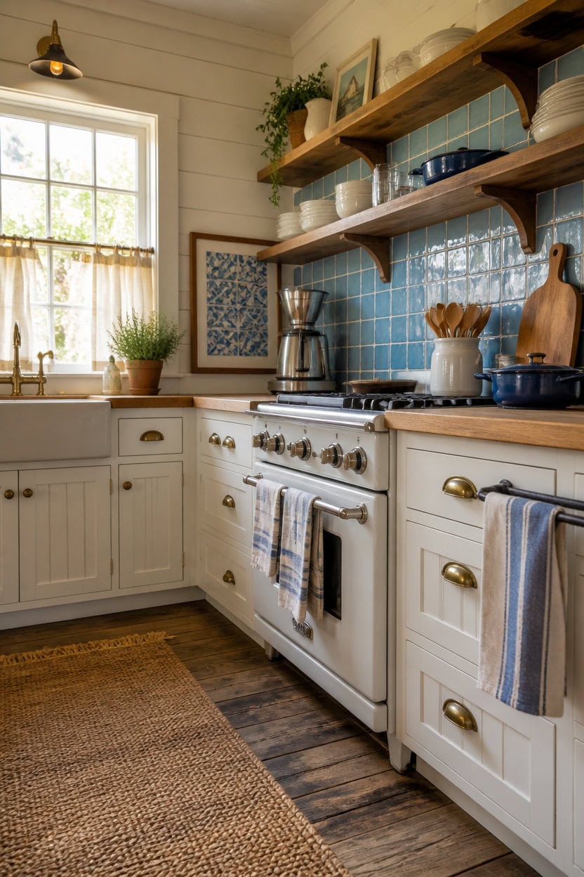 Bright kitchen featuring a blue tile backsplash, white cabinetry, and open wooden shelves with dishe.