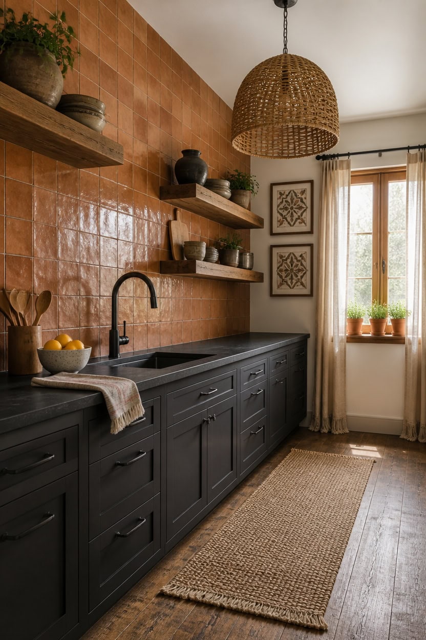 Stylish kitchen with dark cabinetry, open wooden shelves, and warm terracotta tiles.