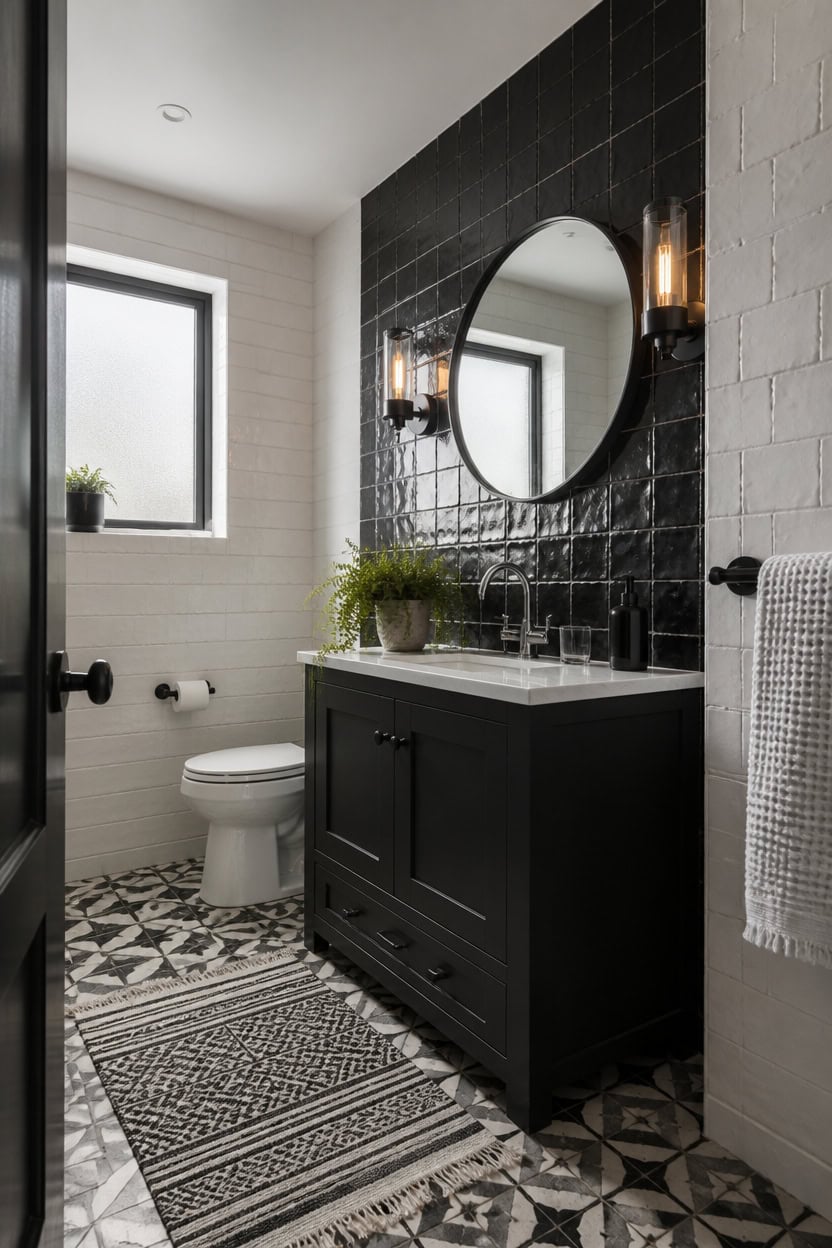 Bright bathroom featuring a black vanity, round mirror, and patterned floor tiles.