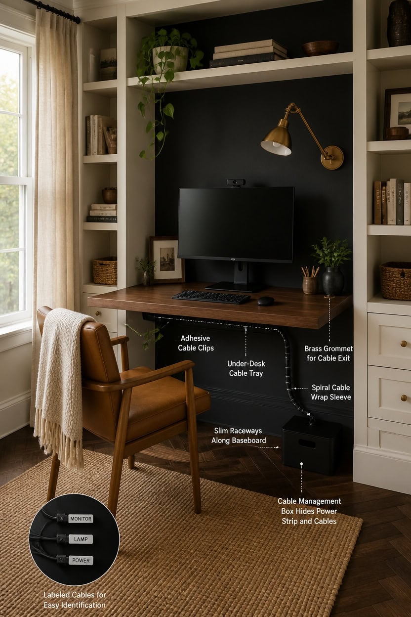 Organized home office workspace with cable management, monitor, and stylish decor.