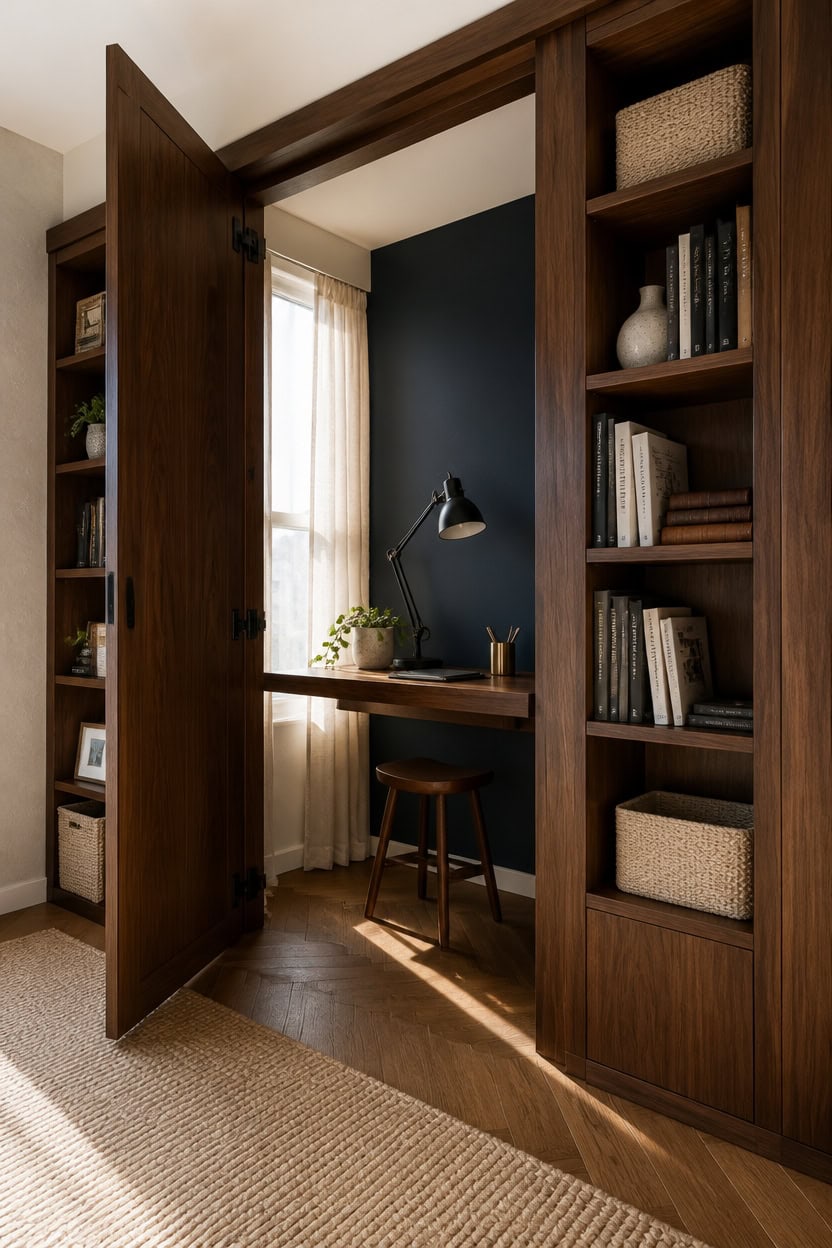 Small home office space with wooden shelves, desk, and natural light.