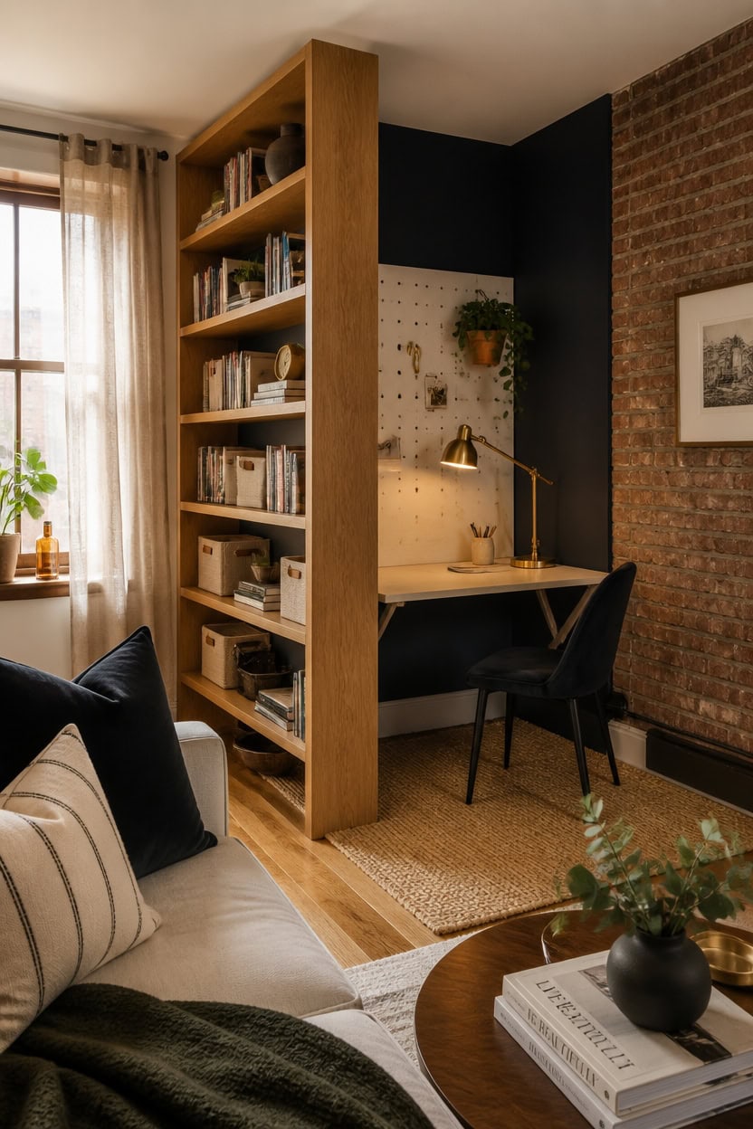 Modern home office with built-in bookshelf, brick wall, and cozy decor.