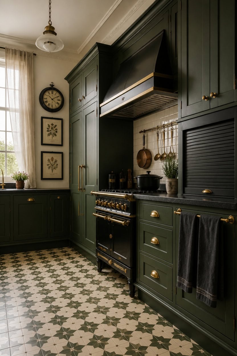 Vintage-style green kitchen with black stove, gold accents, and patterned tile floor.