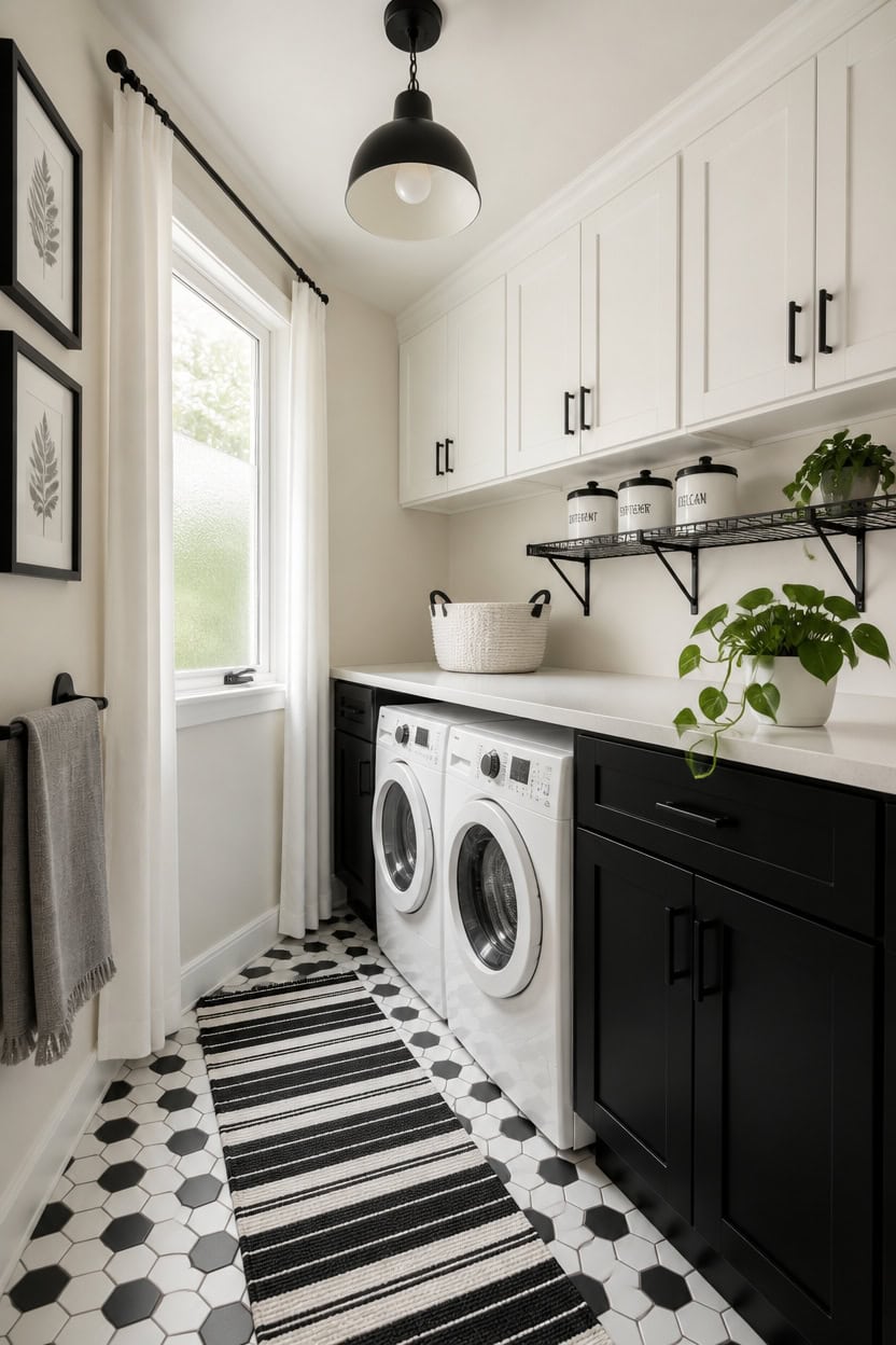 Bright laundry room with white cabinets, black accents, and a striped rug.