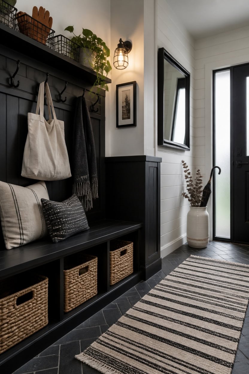 Entryway with black bench, coat hooks, and baskets.