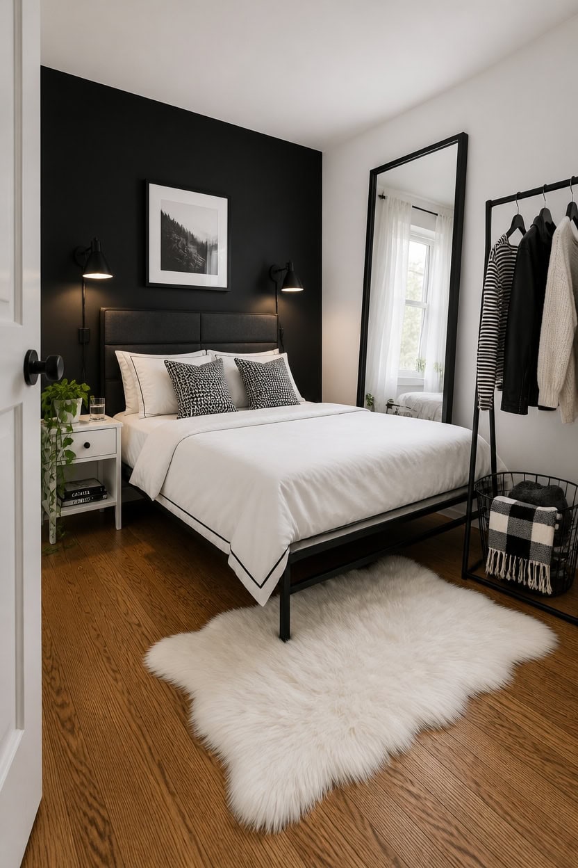 Cozy bedroom featuring a black accent wall, white bedding, and stylish decor in a contemporary apart.