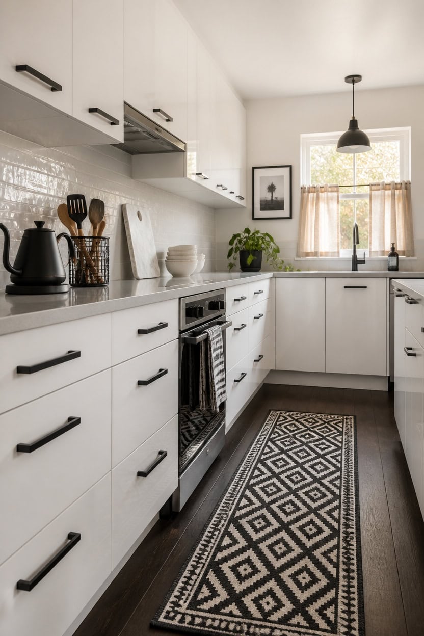 Bright kitchen with white cabinets, black hardware, and a window with curtains, featuring a black pe.