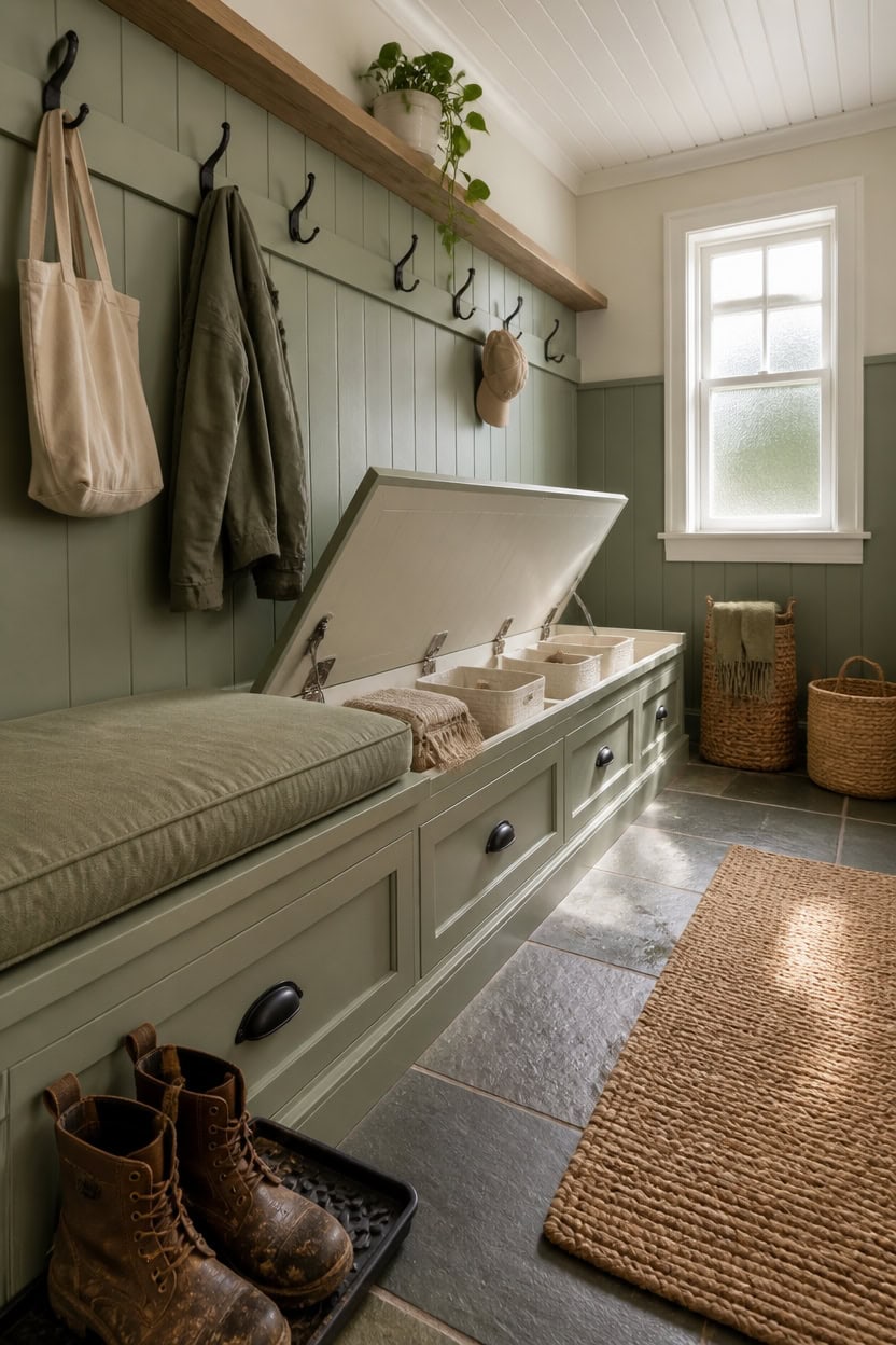 Bright mudroom with storage bench, hooks, and natural light from window.