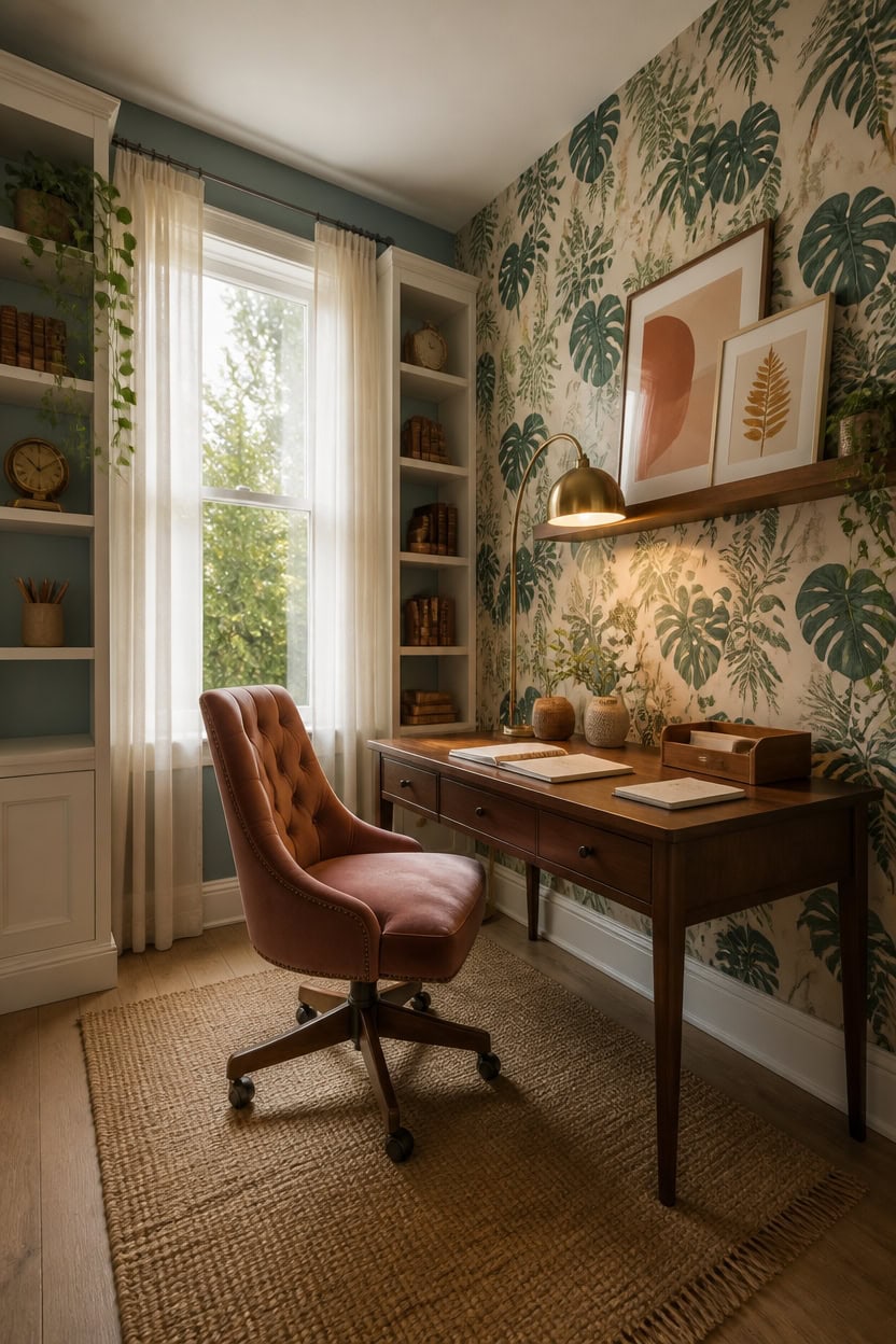 Inviting home office with a wooden desk, pink tufted chair, and botanical wallpaper backdrop.