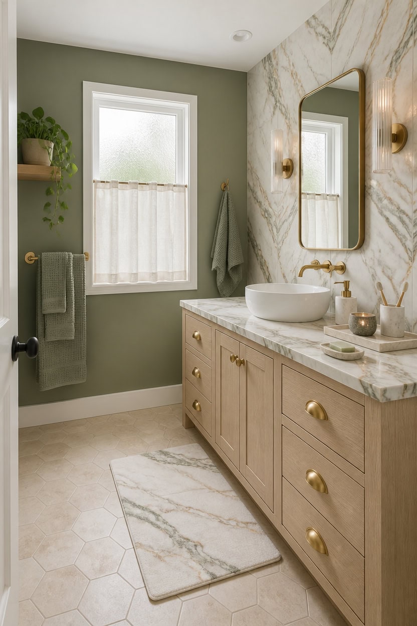 Bright bathroom featuring marble vanity, large mirror, and green wall decor.