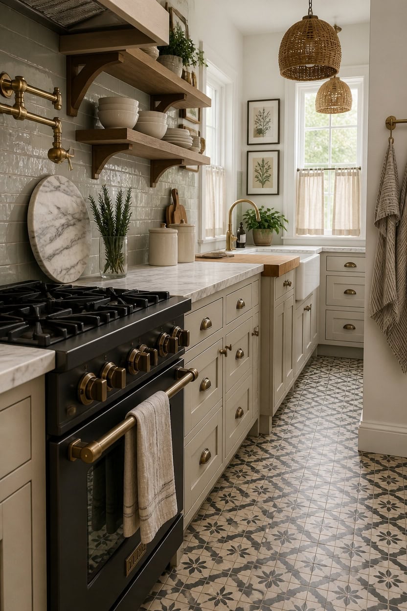 Cozy kitchen with white cabinets, open shelves, and patterned tile floor, illuminated by natural lig.