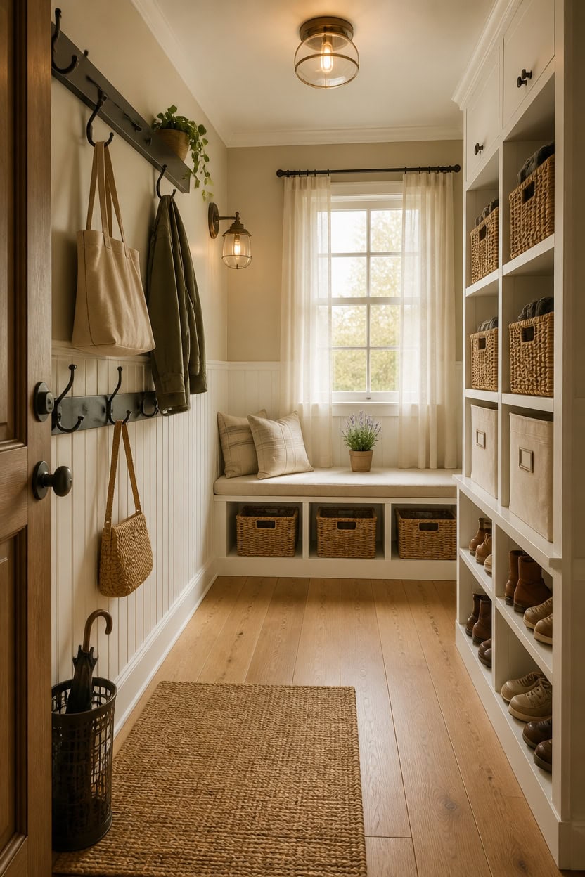 Bright entryway featuring a built-in storage bench, wall hooks, and organized shelving for shoes and accessories.