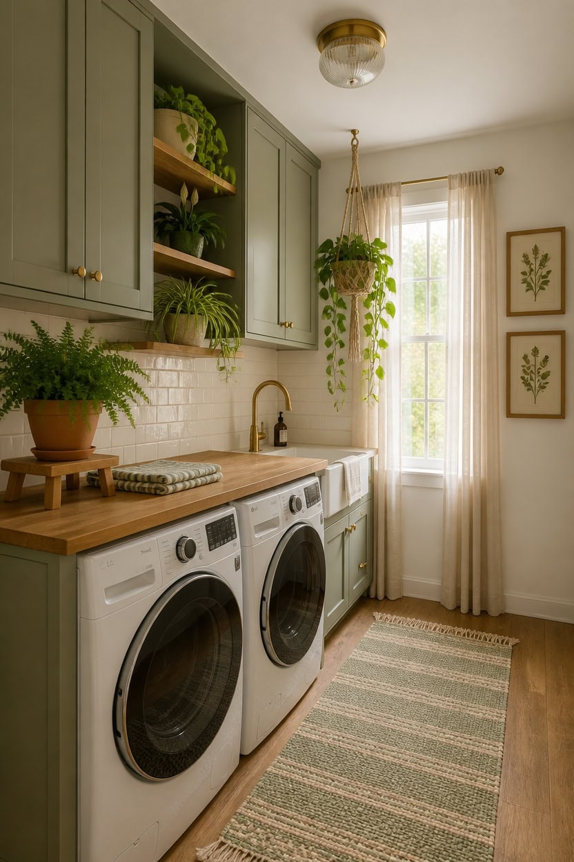 Bright laundry room with green cabinets, hanging plants, and natural light from a window. Perfect fo.