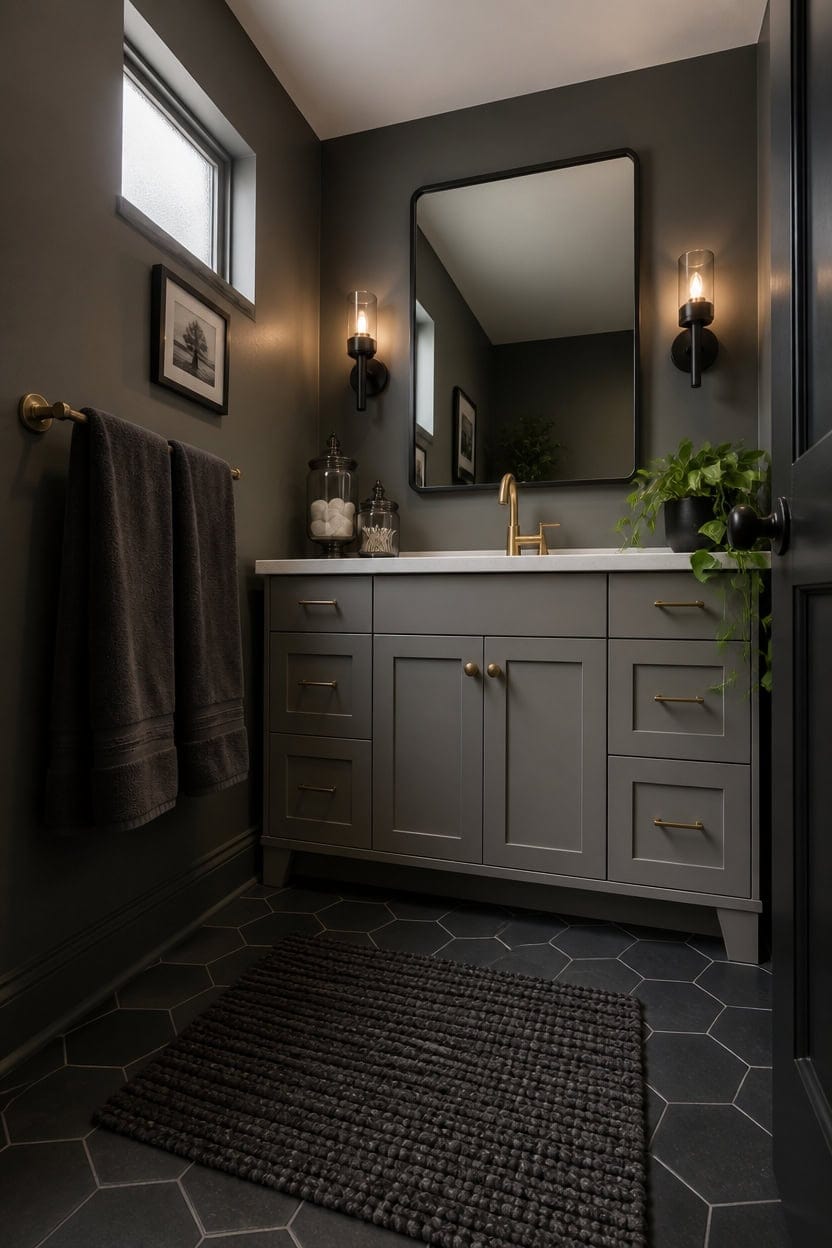 Bright and stylish bathroom featuring a gray vanity with gold hardware, a large mirror, black hexagon tiles, and elegant wall.