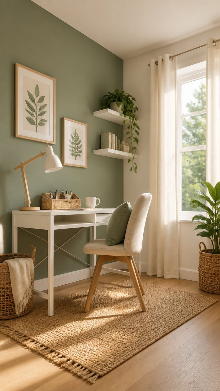 Home office with green accent wall, white desk, and large window with curtains.