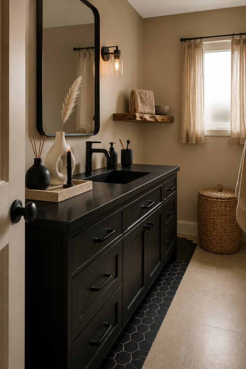 Modern bathroom vanity with black cabinetry, mirror, and decorative accessories in a bright space.