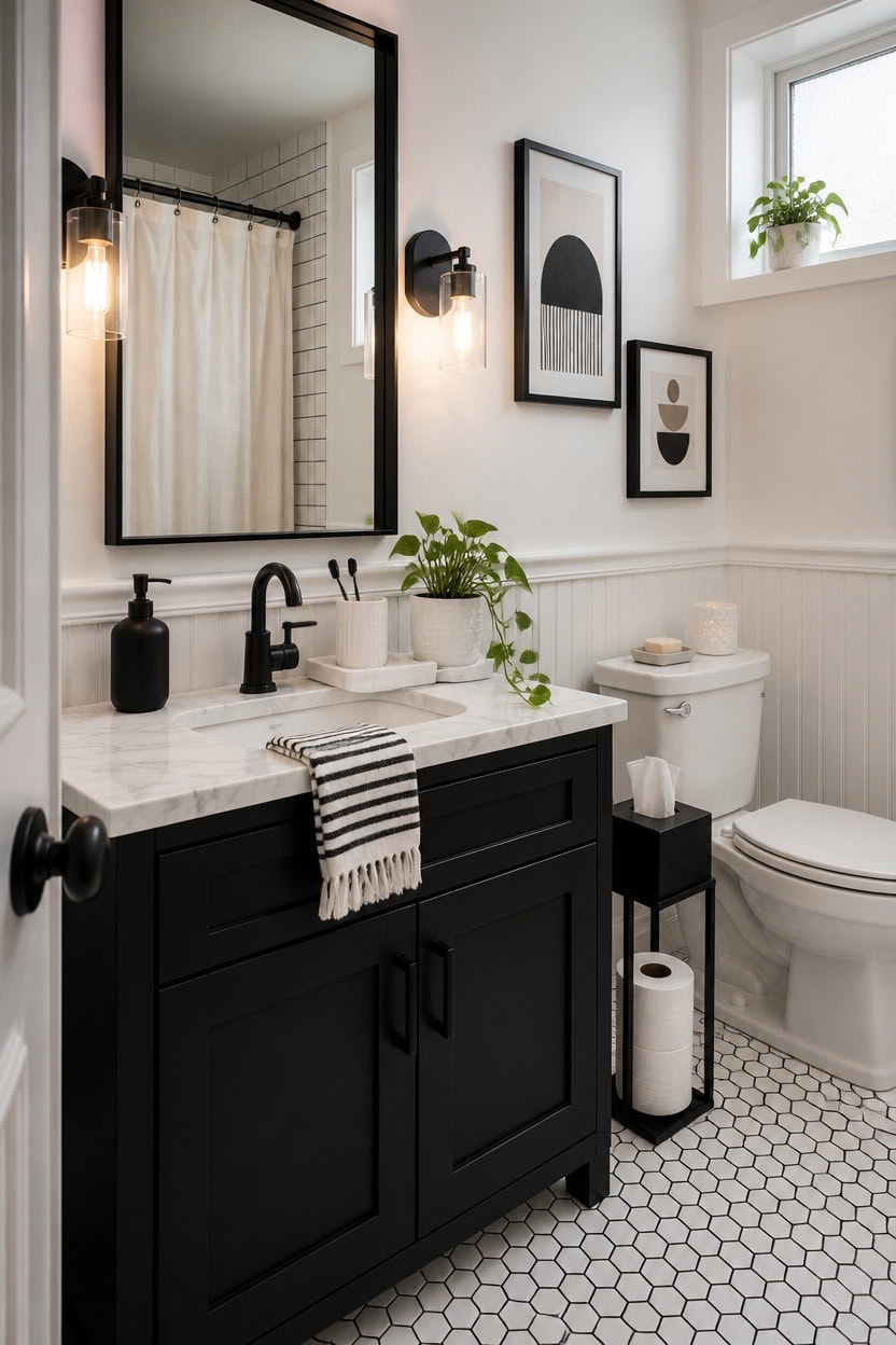 Stylish bathroom with black vanity, white tiles, and wall art, featuring natural light from window.