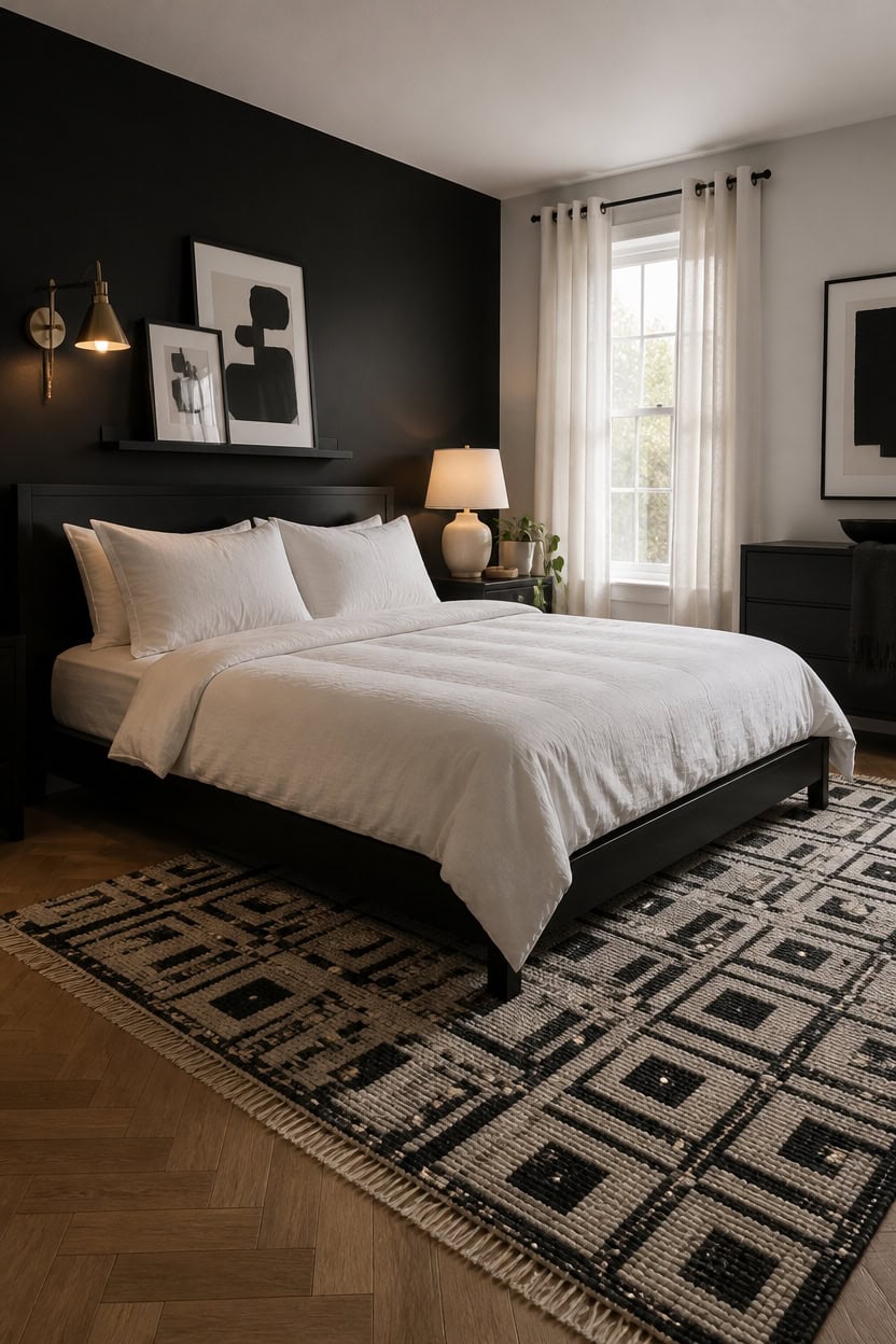 Stylish bedroom featuring a black accent wall, white bedding, and contemporary artwork.