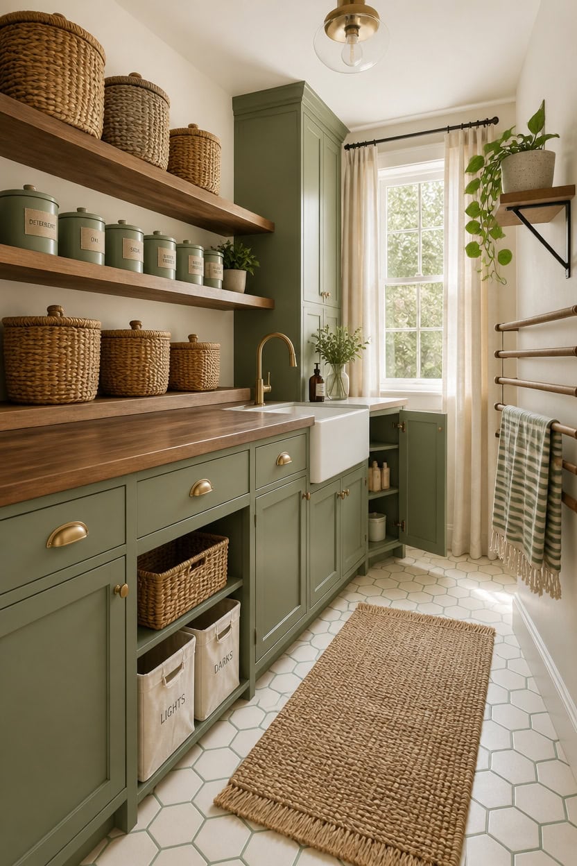 Bright green kitchen with open shelves, wicker baskets, and a farmhouse sink. Perfect for a warm, in.