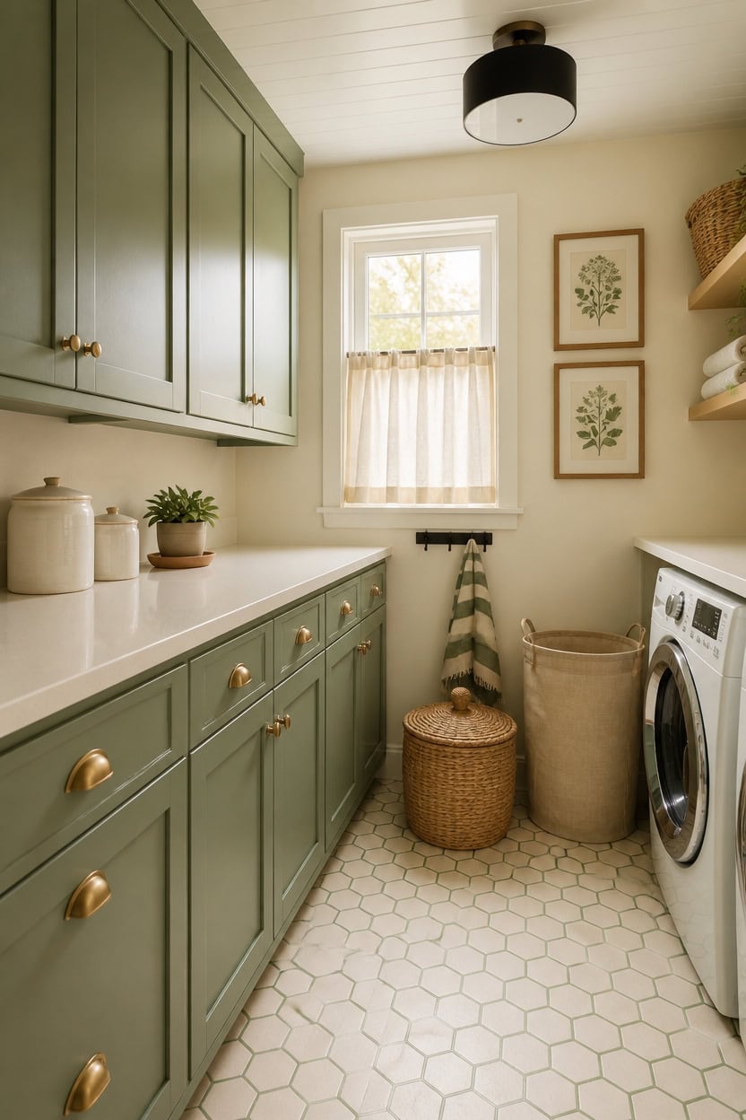 Bright laundry room featuring green cabinets, a window with curtains, and a washer and dryer.