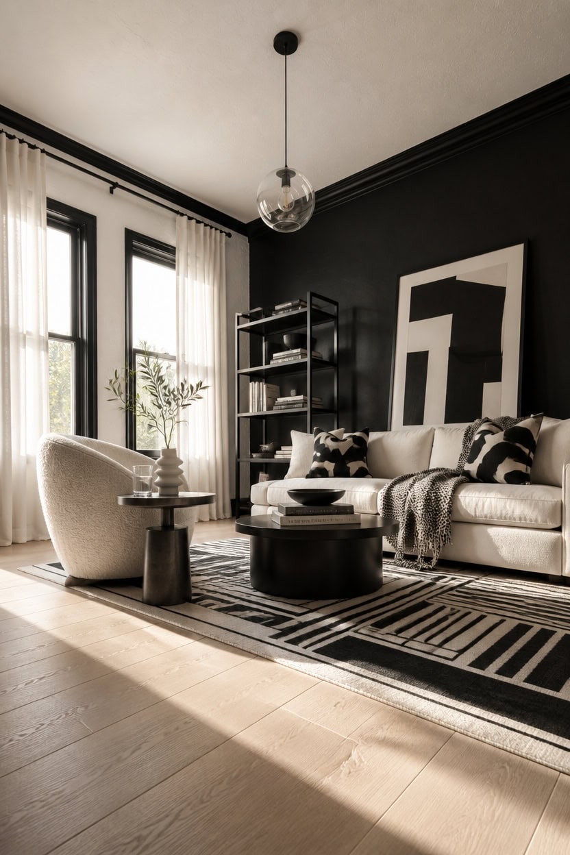 Elegant living room featuring black accent wall, white sofa, and contemporary decor elements.