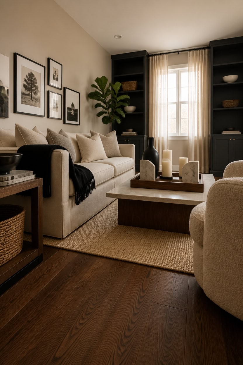 Cozy living room featuring a beige sofa, armchair, and stylish wall art, illuminated by natural ligh.