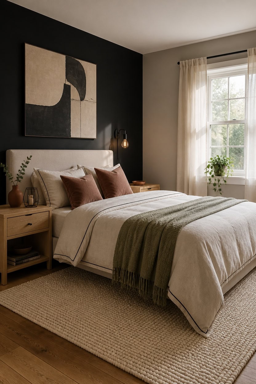 Bedroom with a cozy, neutral-toned decor, large window with curtains, and stylish artwork on a dark.
