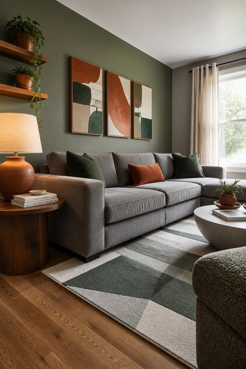 Modern living room with green accent wall, gray sofa, and abstract wall art, perfect for relaxing and entertaining.