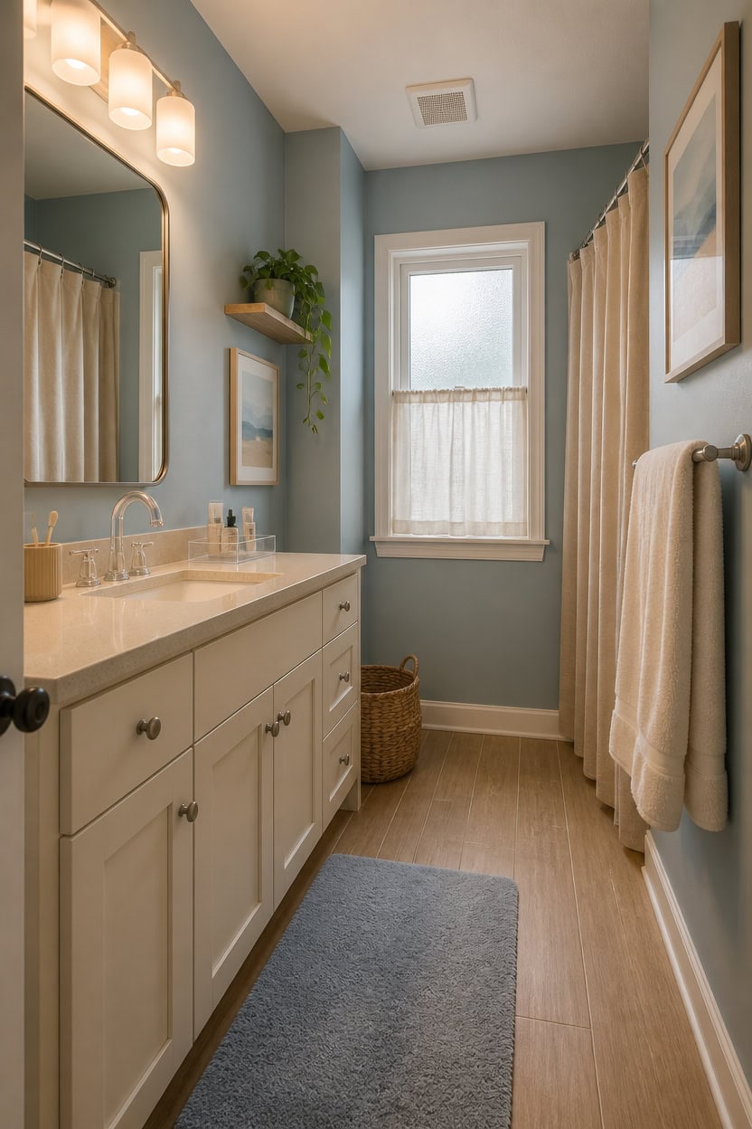 Bright bathroom with a large window and soft beige curtains.