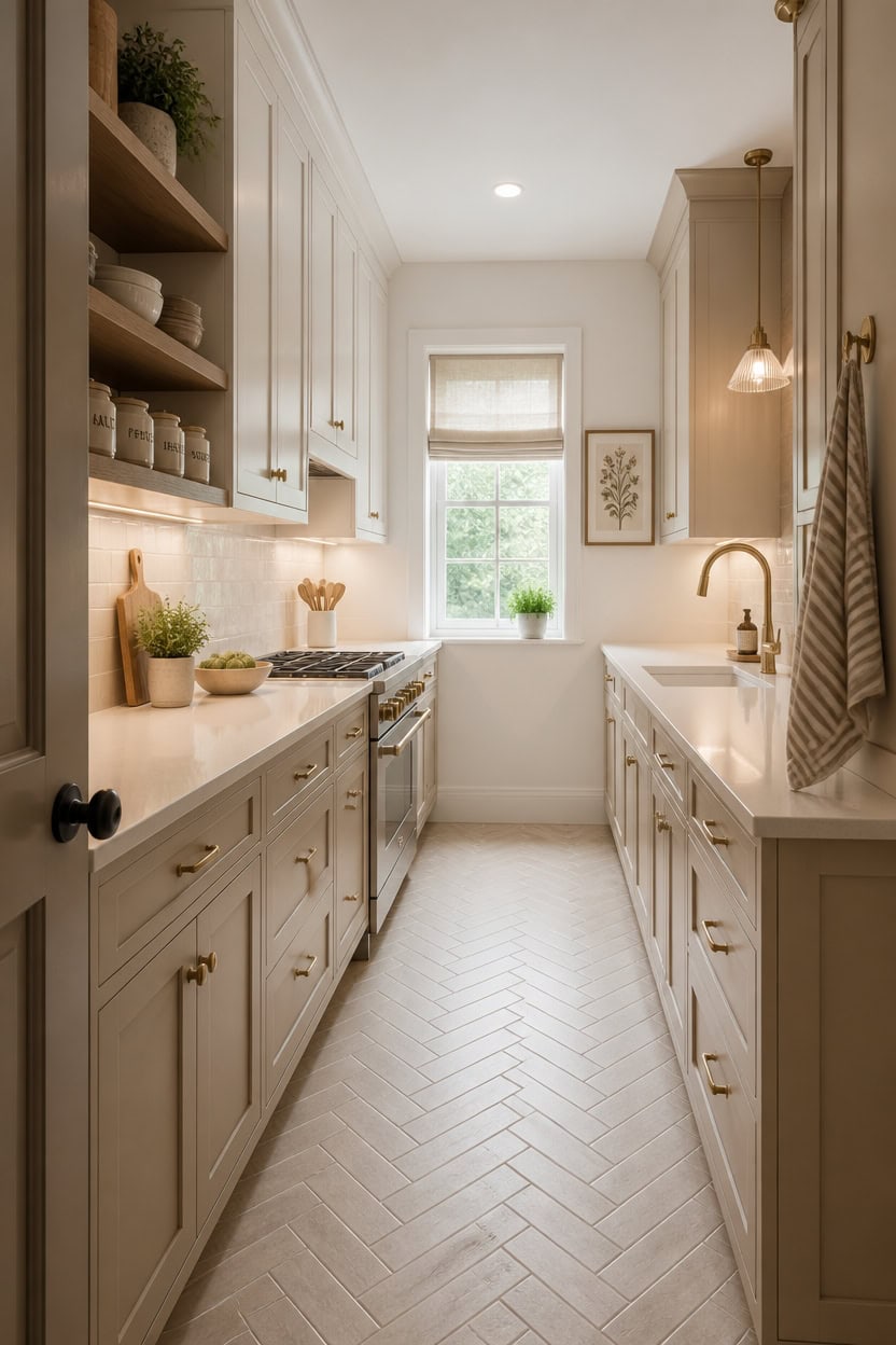 Bright white kitchen with ample storage and natural sunlight from window.