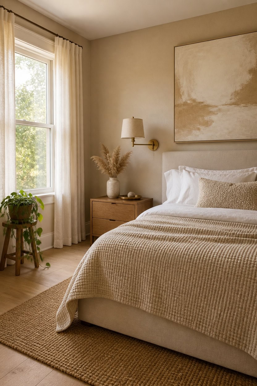Bright and inviting bedroom featuring large windows and soft neutral tones. Perfect for relaxing and enjoying peaceful mornin.