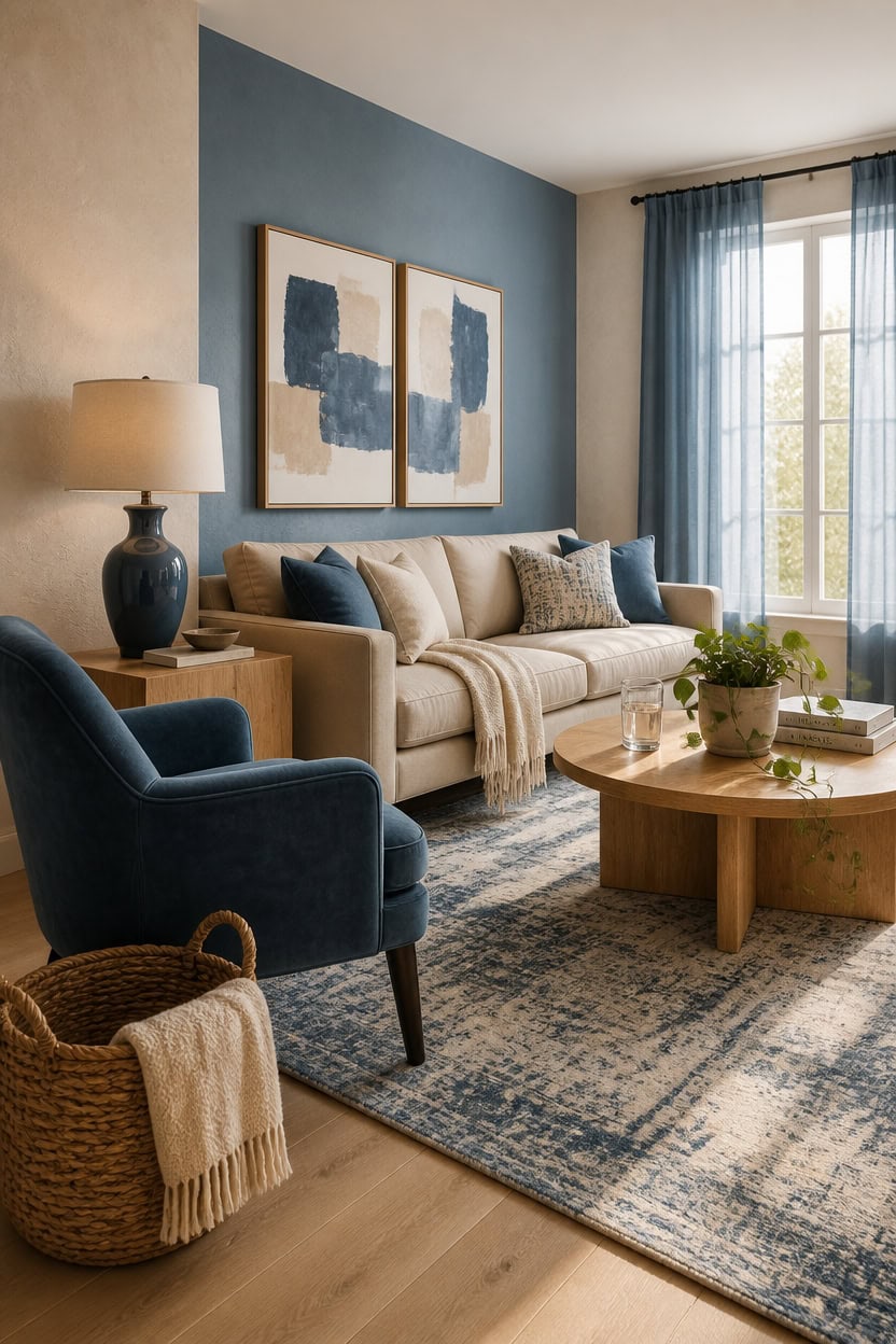 Bright living room with beige sofa, blue armchair, and large window with blue curtains.