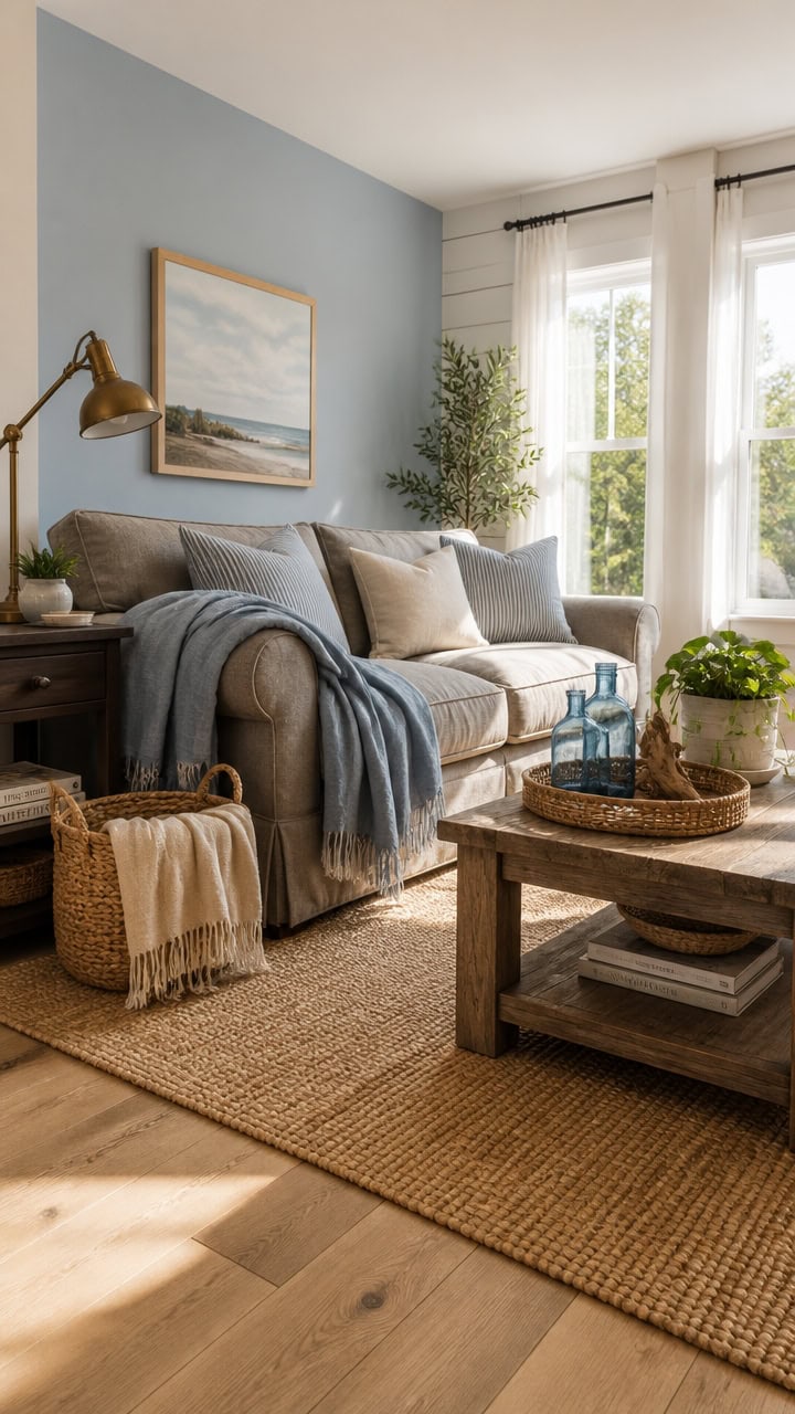 Bright living room with large windows, comfortable sofa, and stylish decor, perfect for relaxing in a modern apartment.
