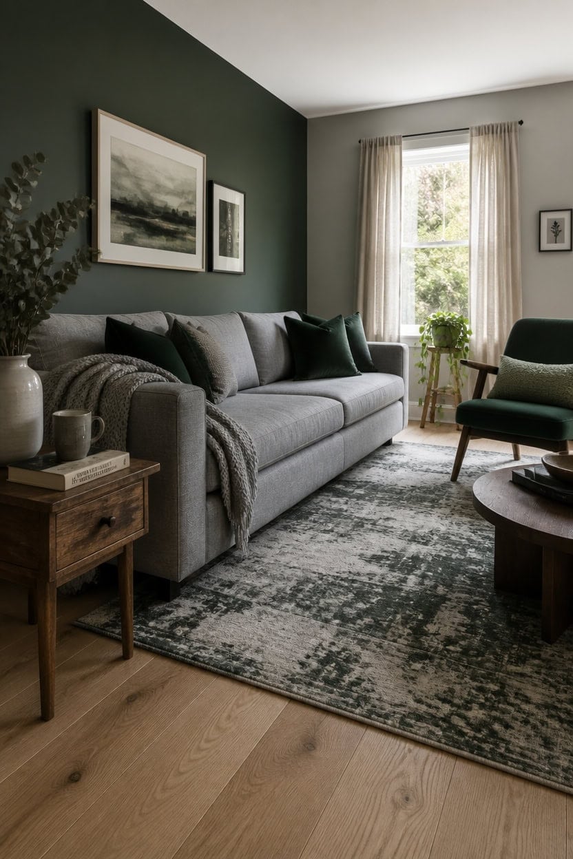 Modern living room with gray sofa, green accent wall, and natural light, perfect for women who stopped decorating for guests.