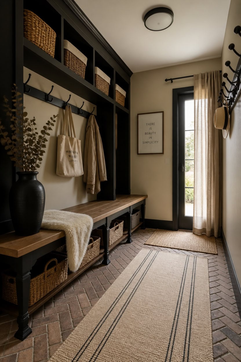 Inviting apartment entryway with storage bench, hooks, and natural light.