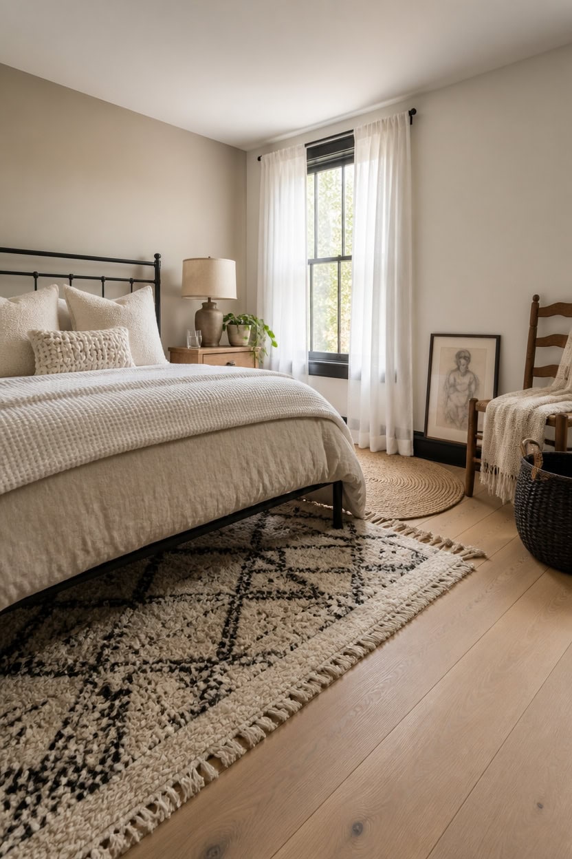 Bright bedroom with large window, white curtains, and cozy decor.