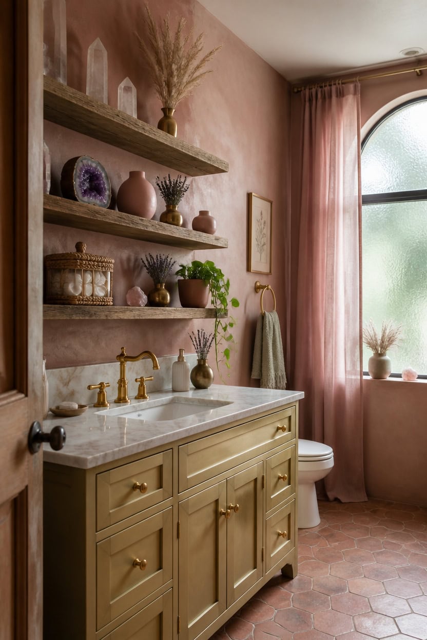 Bright bathroom featuring open wooden shelves with decorative vases and plants, a beige vanity with.