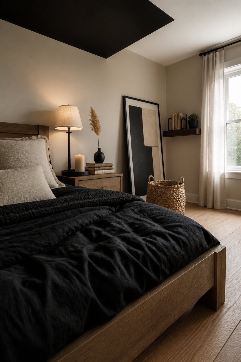 Cozy bedroom featuring a black bedspread, soft pillows, and warm lighting in a stylish apartment.