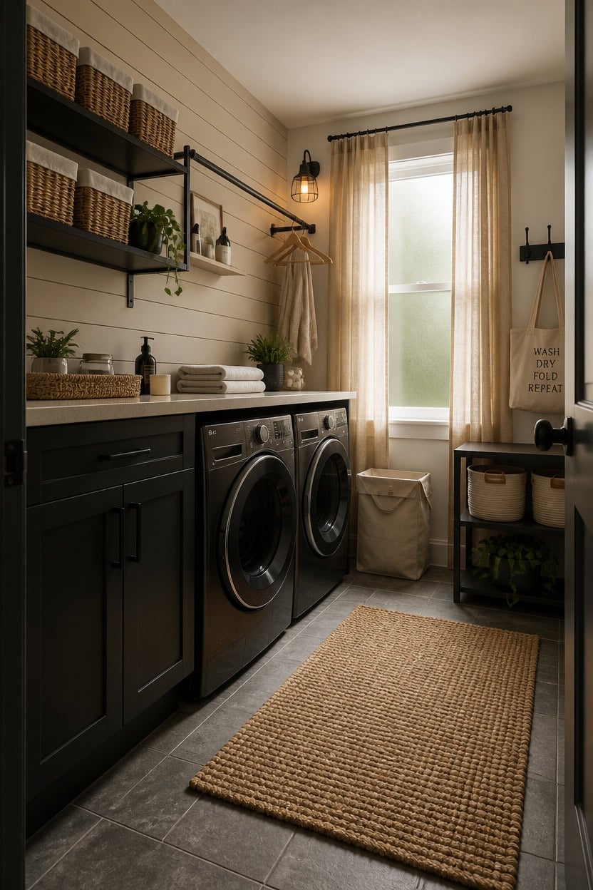 Laundry room with washer and dryer, open shelving, and ample storage space. Bright window and neutra.