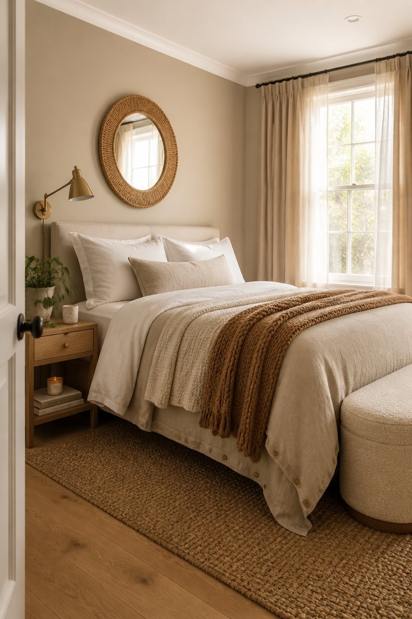 Bright and inviting bedroom with large window and soft neutral tones. Perfect for relaxing and restful nights.
