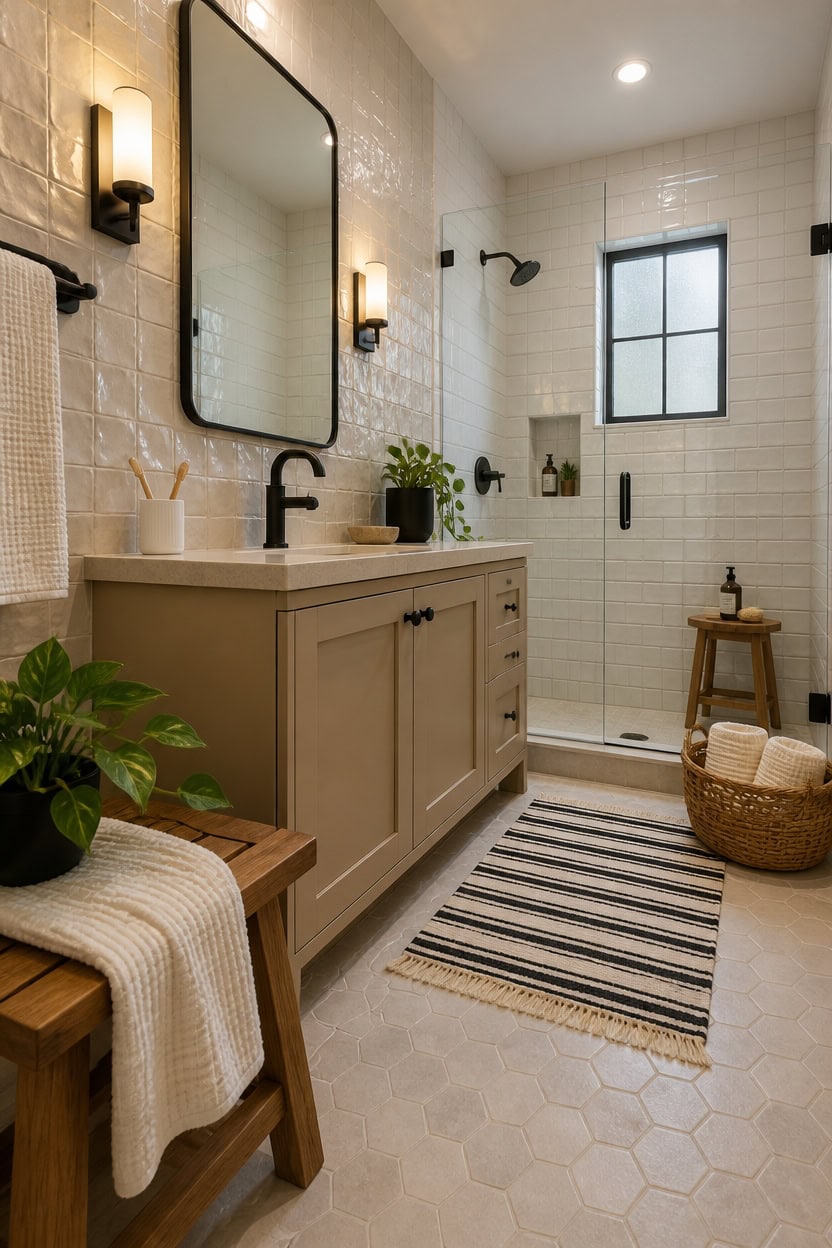 Bright bathroom featuring a vanity, large mirror, and walk-in shower with natural light.