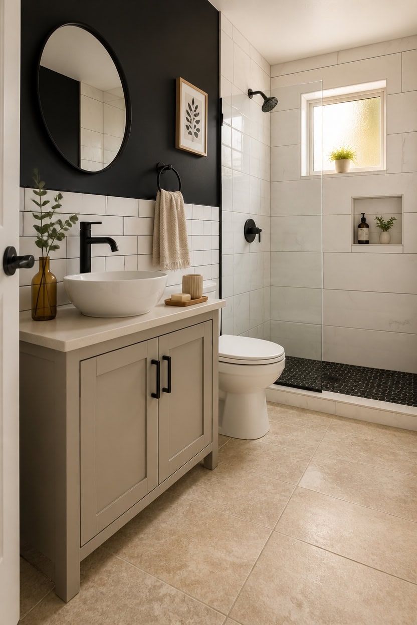 Bright bathroom featuring a vanity with a vessel sink, black fixtures, and a walk-in shower with a w.