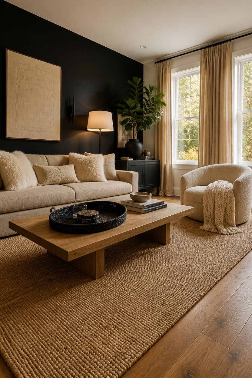 Modern living room with beige sofa, large windows, and stylish decor at Apartment ABC.